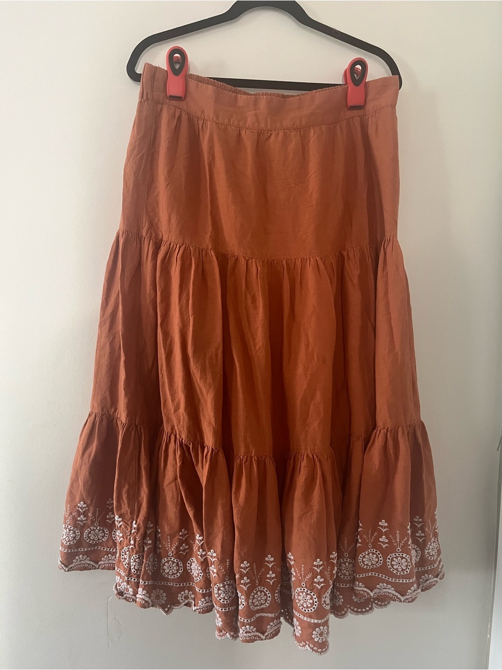Rust Orange Tiered Maxi Skirt Large Embroidered Cottagecore Western Earthy Farm